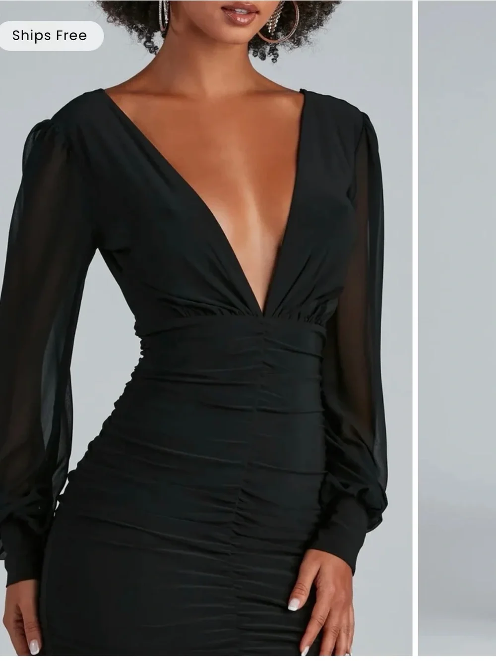 Windsor Black V-Neck Ruched Long Sleeve Mini Dress